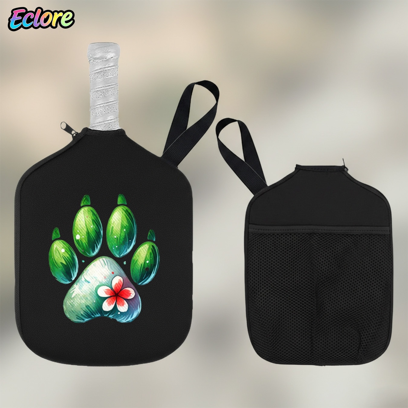 Table Tennis Racket - Green Watercolor Paw Print Paddle Cover,